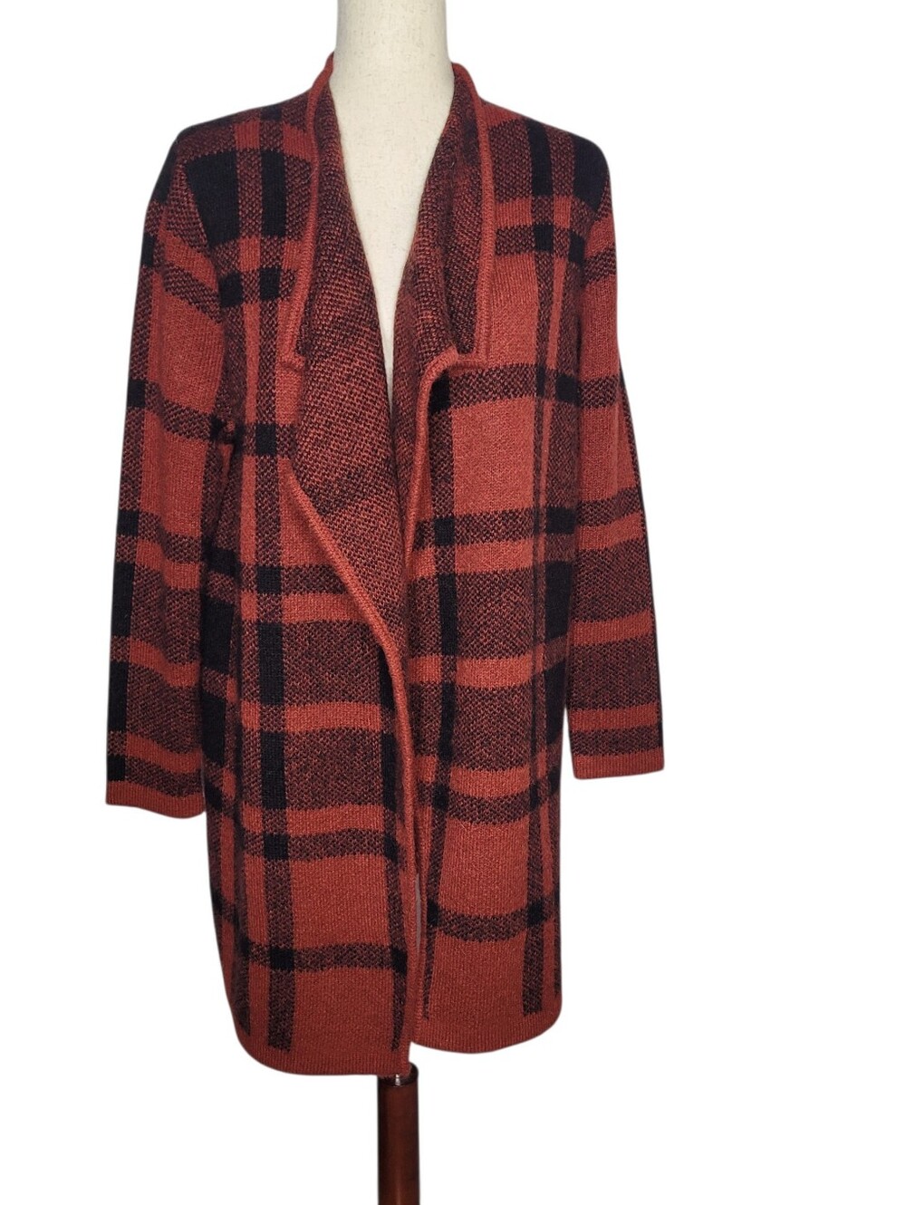Soft Surroundings Wool Alpaca Sweater Open Front Plaid Cozy Cottage Cardigan S